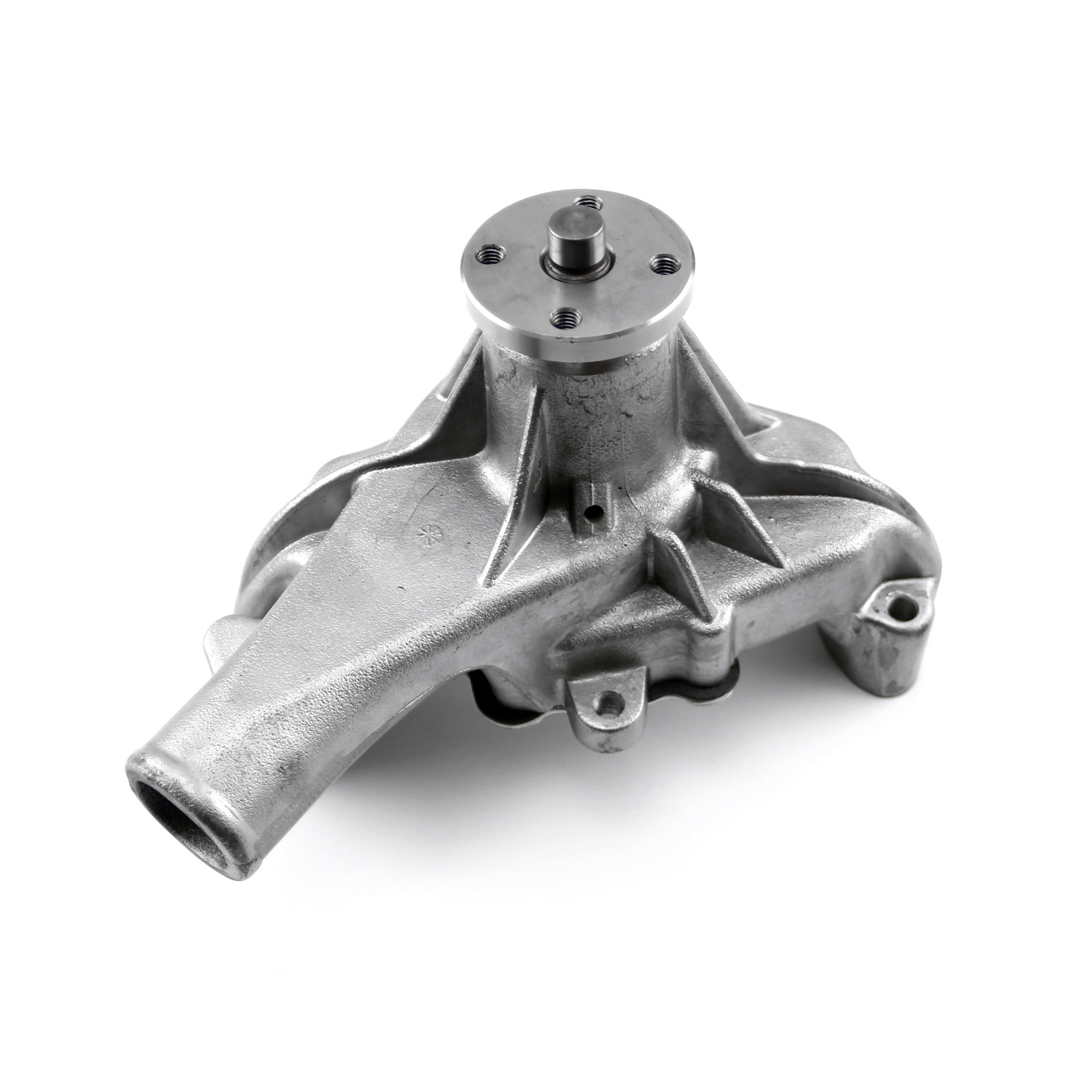 Chevy SBC 350 Late High Volume Aluminum Long Reverse Rotation Water Pump Satin W/ Heater Port