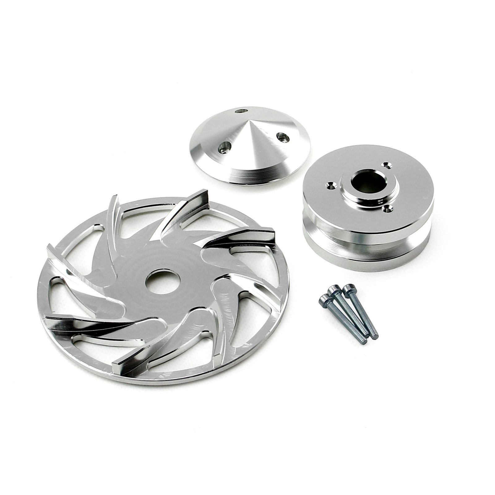Universal Chevy Ford Single V Groove Silver Billet Alternator Pulley and Fan Kit