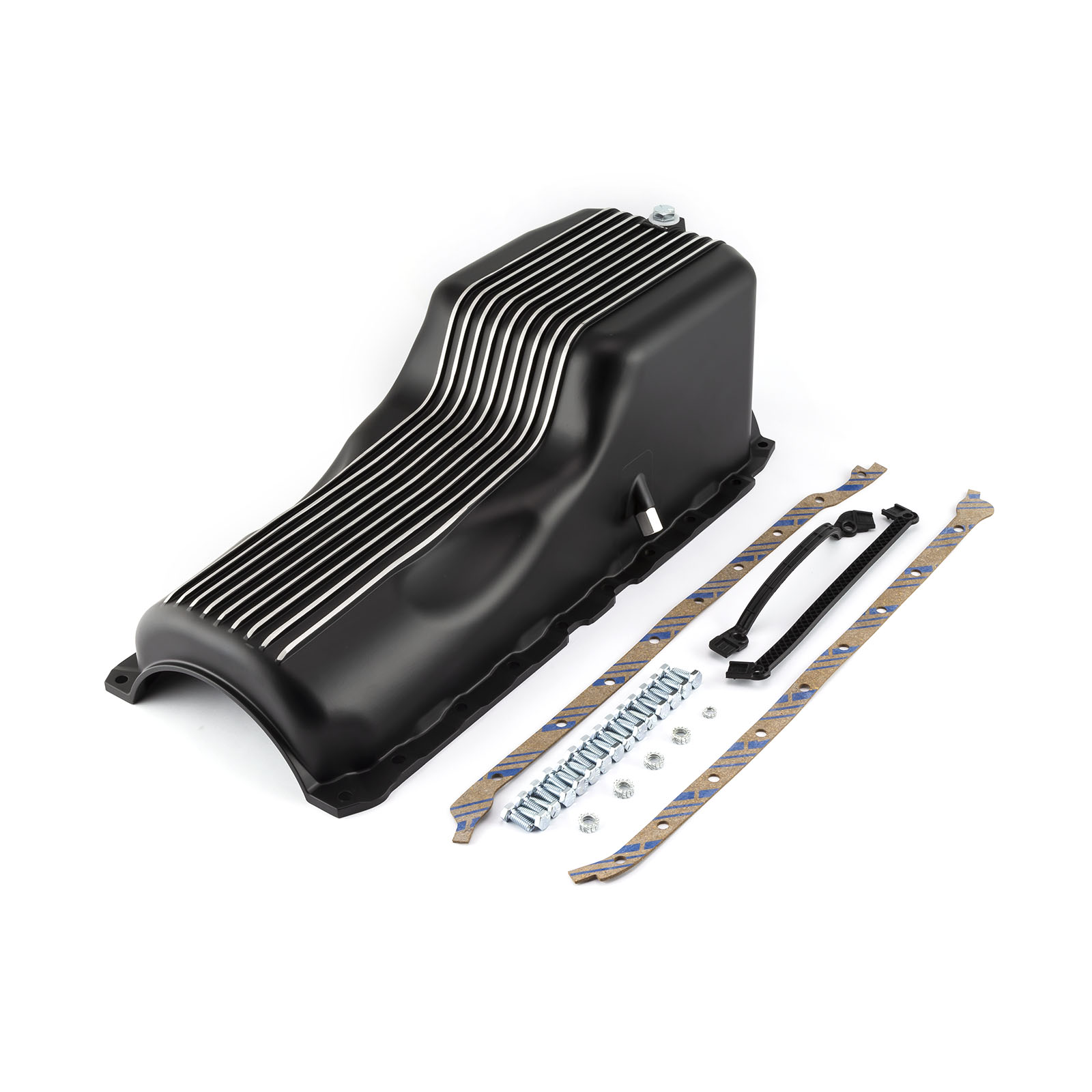 Chevy BBC 454 2Pc Rms 1965 1990 Black Finned Aluminum Oil Pan and Gasket Kit