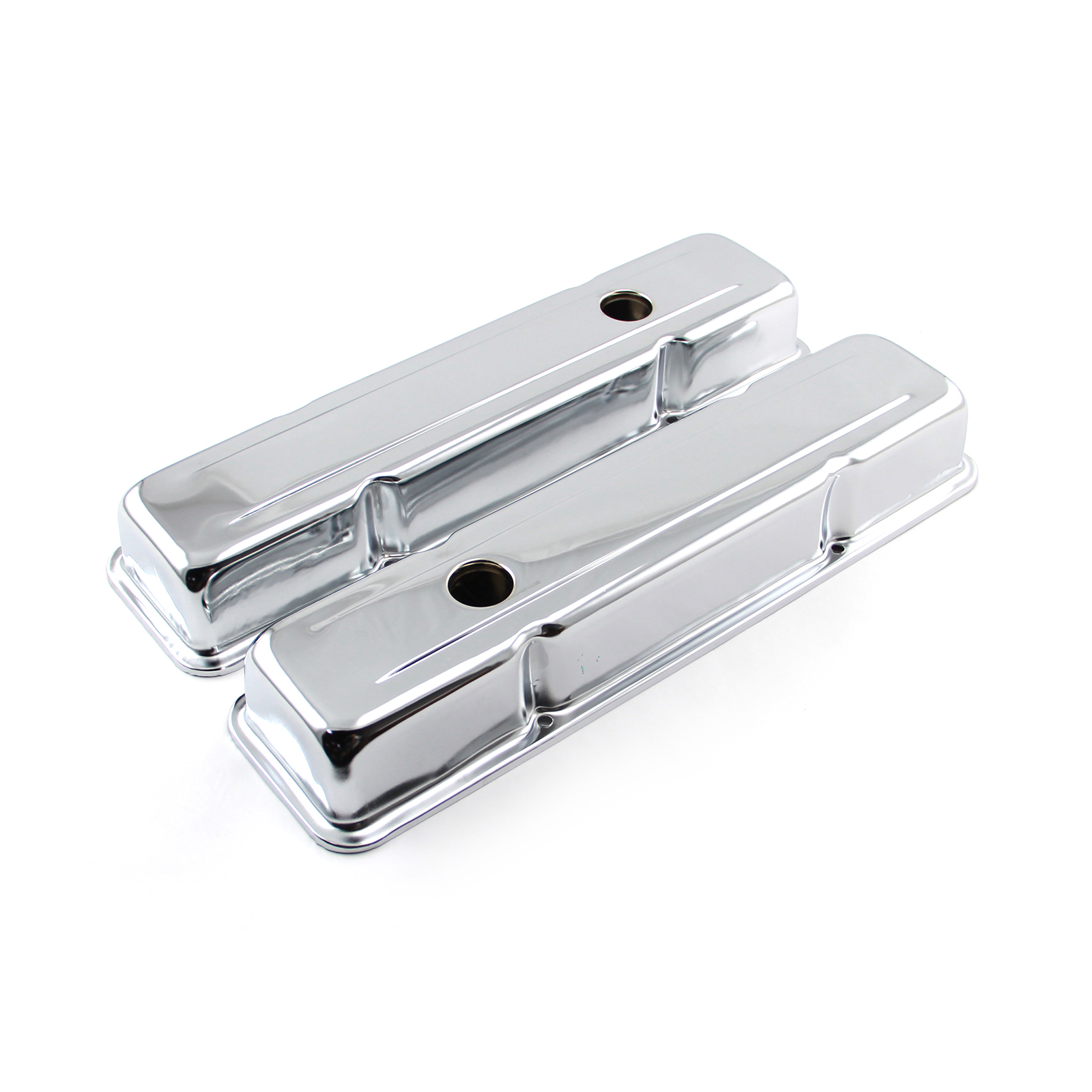 Speedmaster® PCE314.1038.01 Chevy SBC 350 Chrome Steel Valve Covers - Short w/ Baffled Hole