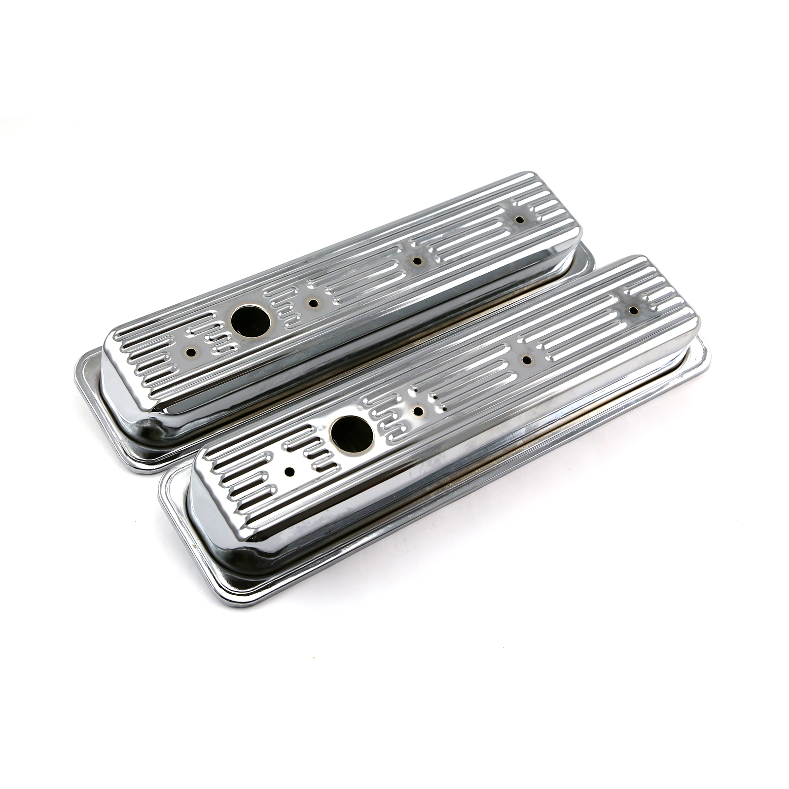 Chevy SBC 350 Center Bolt Chrome Steel Valve Covers - Short w/ Hole