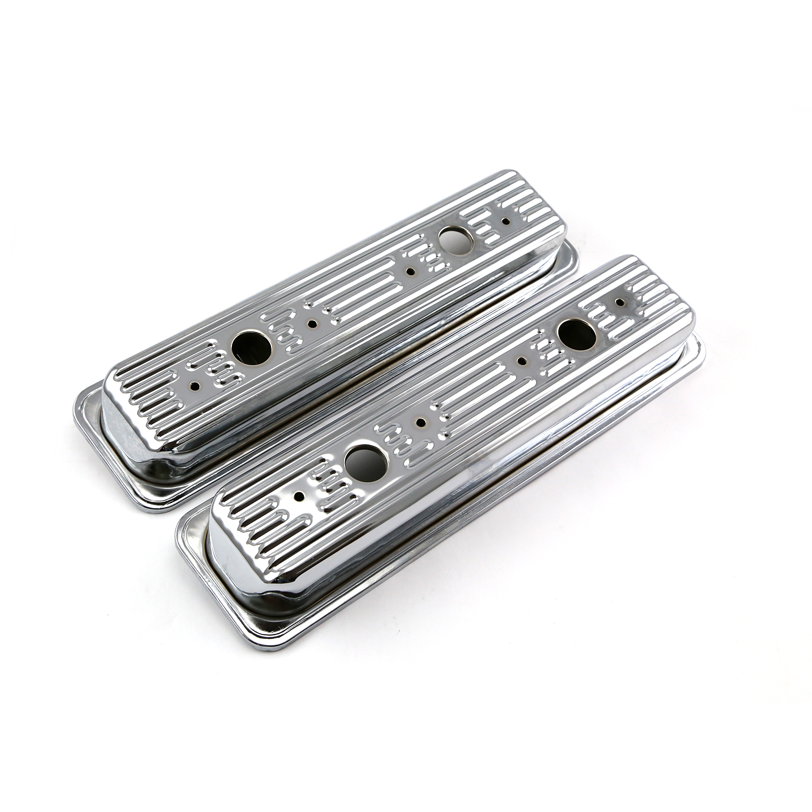 Speedmaster® PCE314.1061 Chevy SBC 350 Center Bolt Chrome Steel Valve Covers - Short w/ 2 x Hole