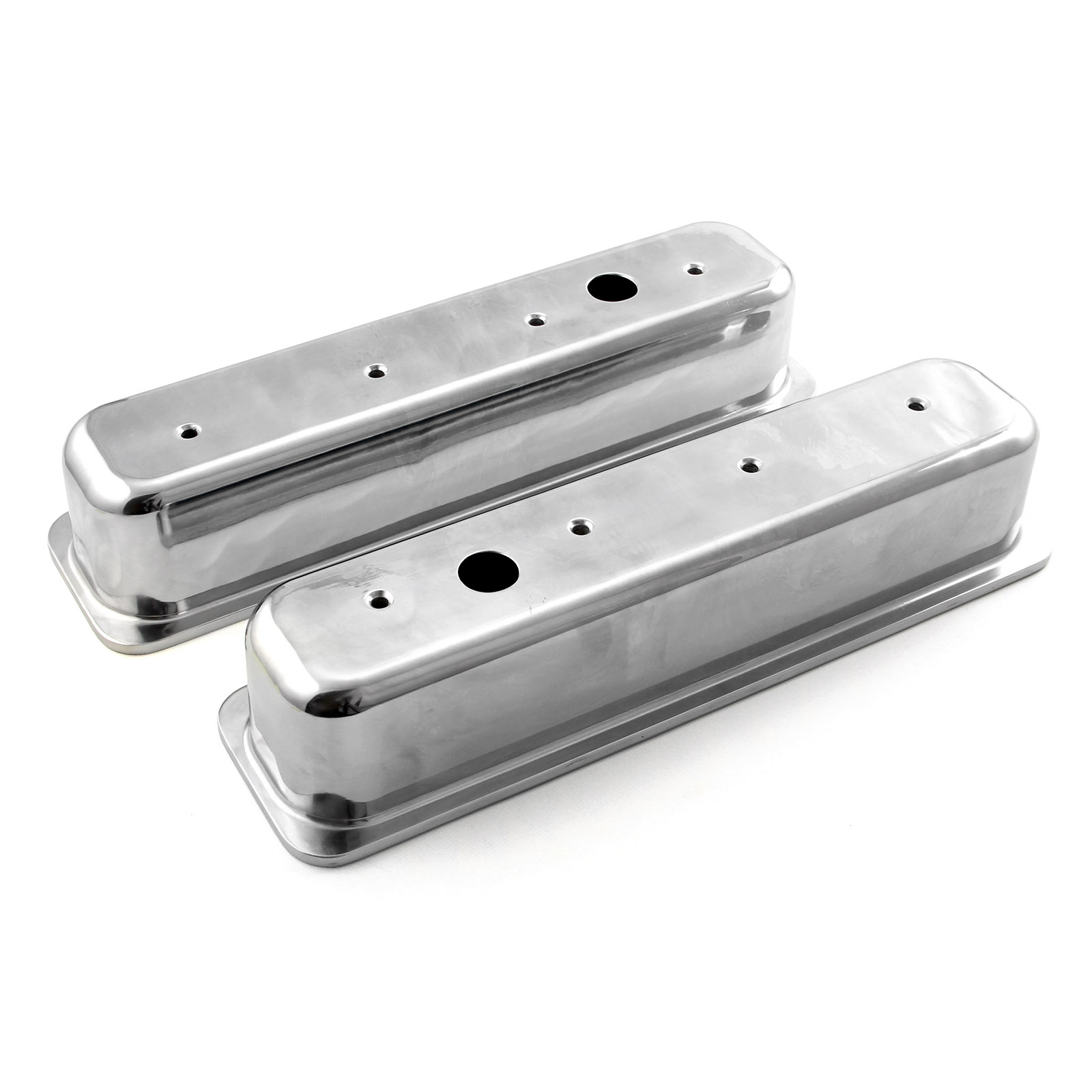 Chevy SBC 350 Center Bolt Polished Aluminum Plain Valve Covers - Tall w/ Hole
