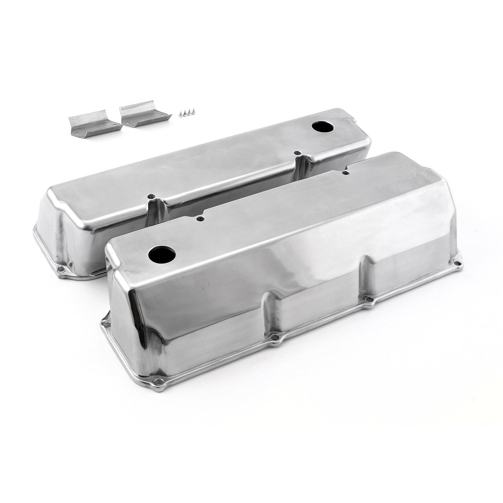 Ford 351C Cleveland Polished Aluminum Plain Valve Covers Tall w/ Hole