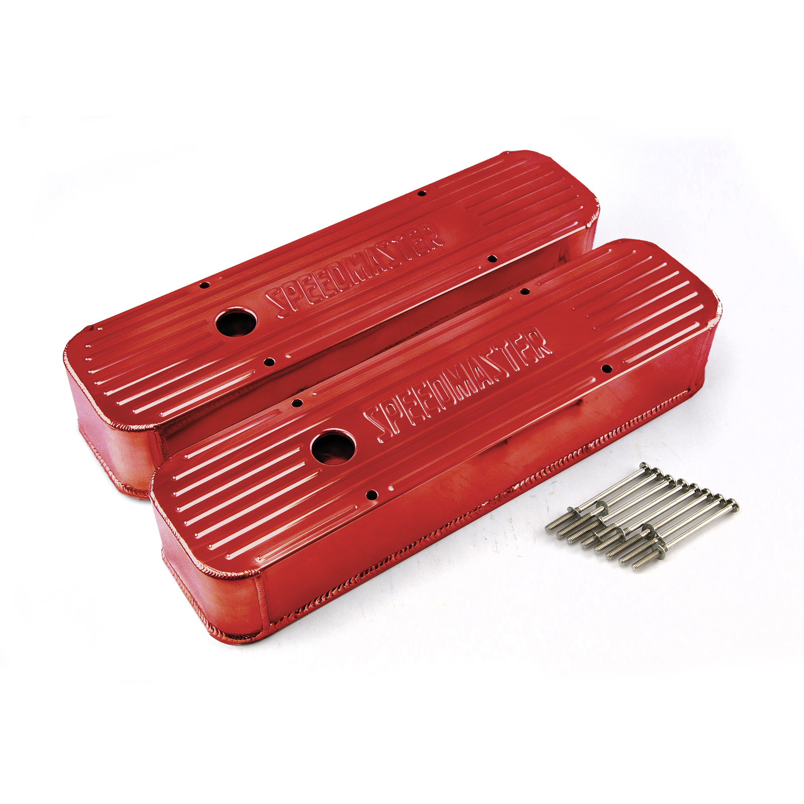 Speedmaster® PCE314.1099.04 Chevy SBC 350 Red Anodized Fabricated Valve Covers - Tall w/ Hole