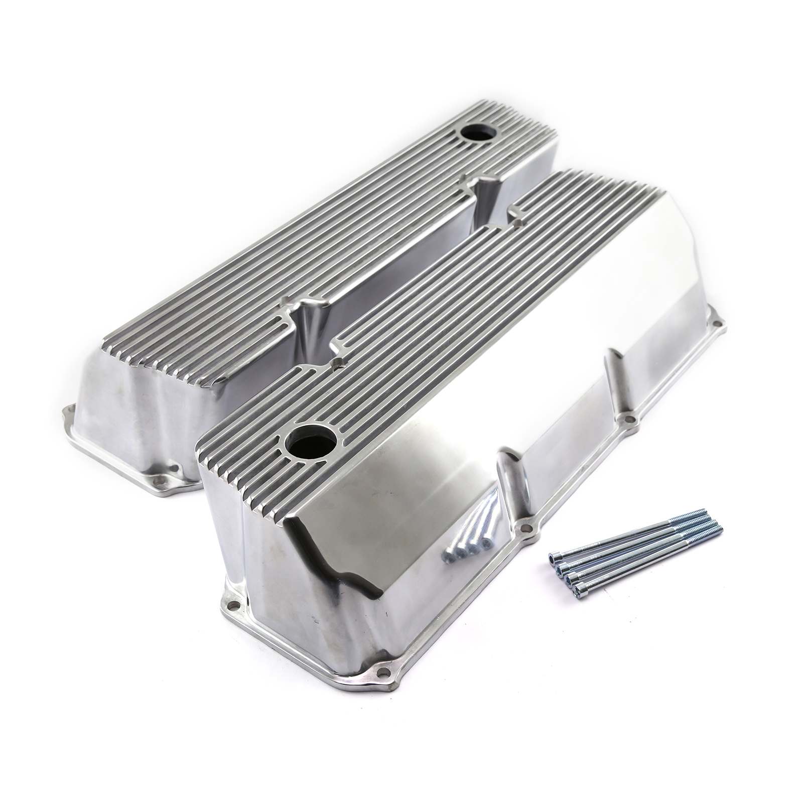 Ford 351C Cleveland Polished Aluminum Finned Valve Covers Tall w/Hole